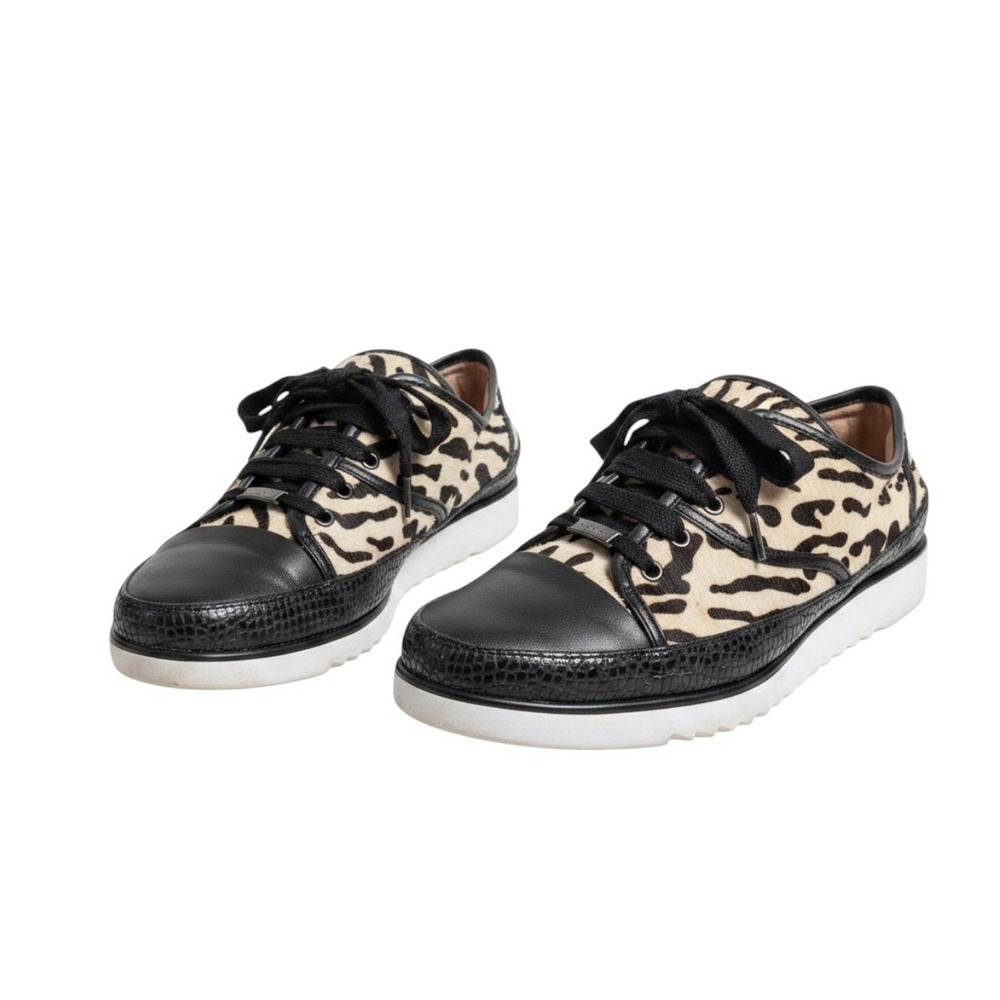 Donald Pliner Leopard Calf Hair Leather Sneakers Black Tan Animal Print 8.5M